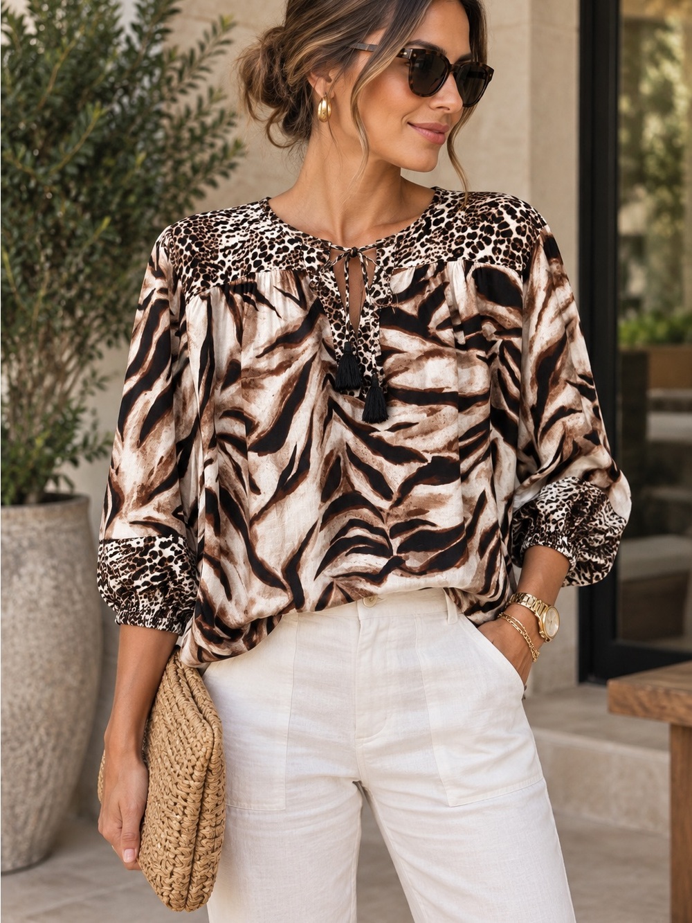 Westbound Brown & Black Animal-Print Tie-Neck Blouse